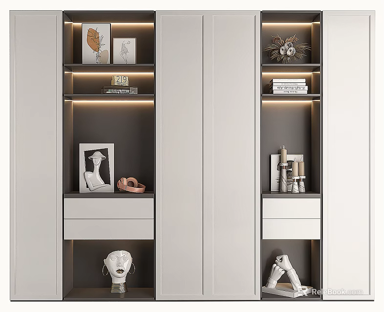 Modern Decorative Cabinet With Built In Lighting And Stylish Decorative Items 3d model 