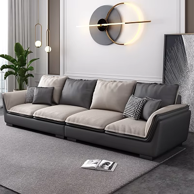 Modern Sectional Sofa With Gray Beige Cushions In Living Room With Plants And Decor 3d model