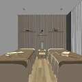 Stylish Store Front Desk Interior With Wooden Stripes Lighting And Wall Shelves