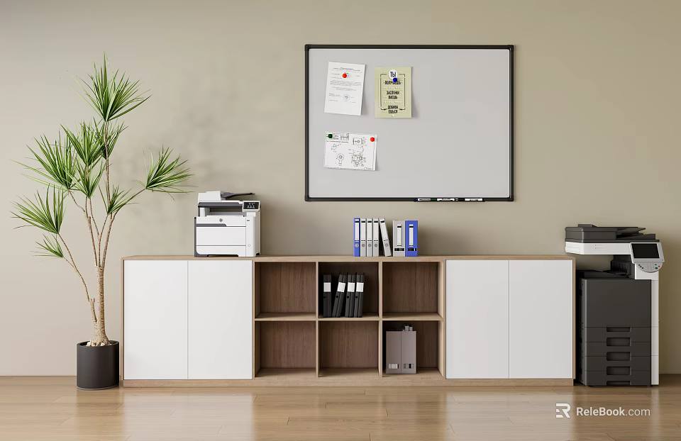 Wooden And White Modern Bookcase In Office Space With Whiteboard Printer Files And Green Plant 3d model 