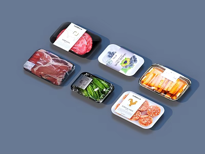Assorted Fresh Packaged Foods in Plastic Trays with Meat Vegetables and Seafood 3d model