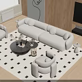 Modern Cream Sofa Set With Round Coffee Table Armchairs And Checkerboard Rug 3d model
