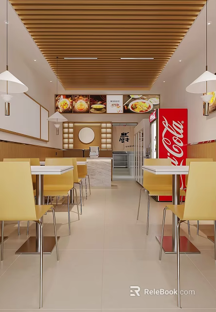 Bright Restaurant Interior With Yellow Chairs White Tables Menu Display And Coca-Cola Sign 3d model 