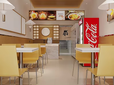 Bright Restaurant Interior With Yellow Chairs White Tables Menu Display And Coca-Cola Sign 3d model