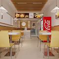 Bright Restaurant Interior With Yellow Chairs White Tables Menu Display And Coca-Cola Sign