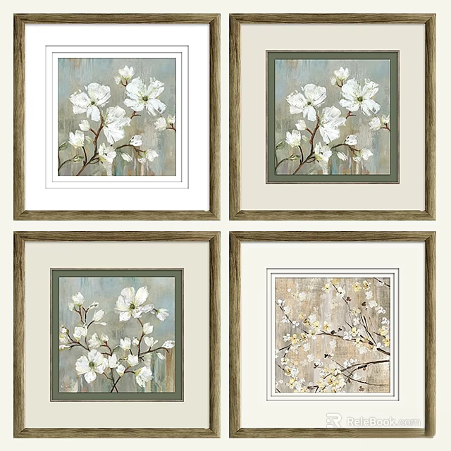 Four Decorative Picture Frames With White Floral Art And Wooden Borders 3d model 