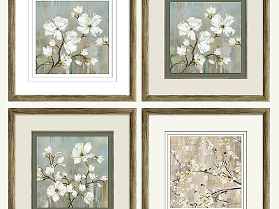 Four Decorative Picture Frames With White Floral Art And Wooden Borders 3d model