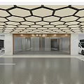 Modern Parking Garage Interior With Hexagonal Ceiling Glass Doors And Parked Cars