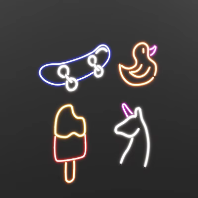 Colorful Neon Light Designs Featuring Skateboard Duck Ice Cream Bar And Unicorn 3d model