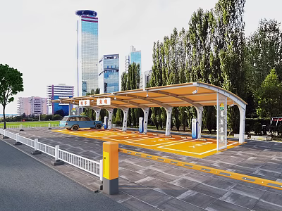 Modern Electric Vehicle Charging Station With Yellow Canopy And Trees Near High Rise Buildings 3d model