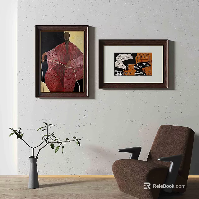 Abstract Paintings Framed Wall Art In Contemporary Interior With Armchair And Potted Plant 3d model 
