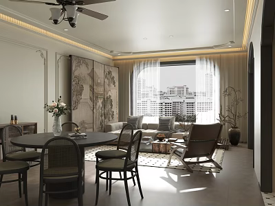 Warm Retro Integrated Living And Dining Room With Comfortable Furniture And Bright Natural Lighting 3d model