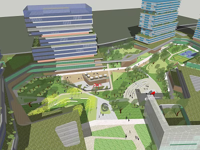 Modern High Rise Buildings And Urban Park With Greenery Plaza And Pedestrian Paths 3d model