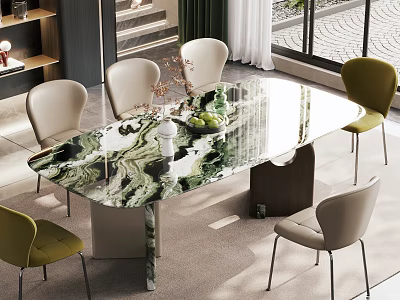 Modern Dining Table Set With Marble Patterned Top Beige Green Chairs And Fruit Decoration 3d model