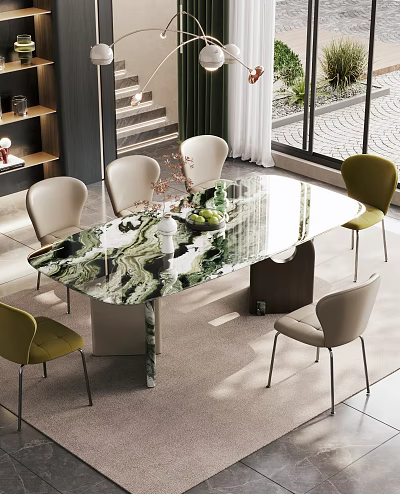 Modern Dining Table Set With Marble Patterned Top Beige Green Chairs And Fruit Decoration 3d model