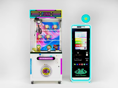 Colorful Arcade Claw Machine With Stuffed Dolls And Interactive Screen For Amusement 3d model