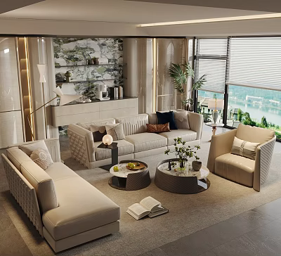 Elegant Light Beige Sofa And Coffee Table Set Ideal For Stylish Luxury Home Living Room 3d model
