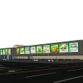 Modern Commercial Street Facade With Green Advertising Billboards And Parking Area