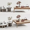 Wooden Coffee Table Set with Round and Rectangular Designs Vase Flowers Tea Set Decor 3d model