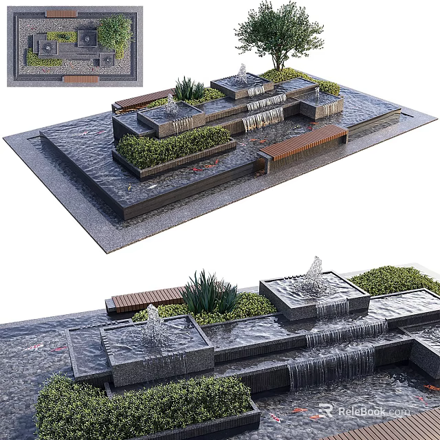 Outdoor Water Fountain With Tiered Waterfalls Green Plants And Wooden Benches 3d model 