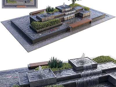 Outdoor Water Fountain With Tiered Waterfalls Green Plants And Wooden Benches 3d model