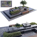 Outdoor Water Fountain With Tiered Waterfalls Green Plants And Wooden Benches