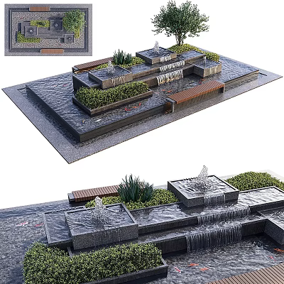 Outdoor Water Fountain With Tiered Waterfalls Green Plants And Wooden Benches 3d model