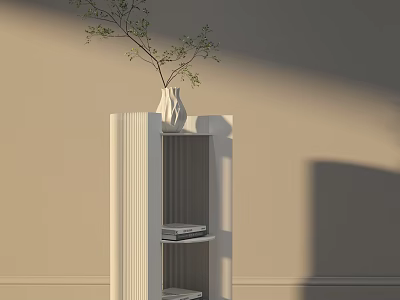 White Modern Side Table with Open Shelves Decorative Vase and Greenery Against Beige Wall 3d model