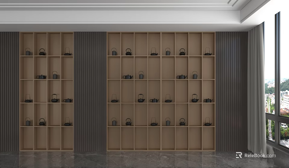 Modern Wooden Shelving Unit With Multiple Compartments And Black Decorative Items For Interior 3d model 