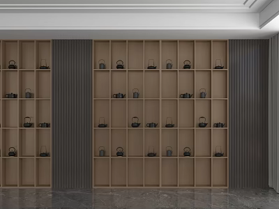 Modern Wooden Shelving Unit With Multiple Compartments And Black Decorative Items For Interior 3d model