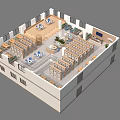 Aerial View of Modern Cafe Interior with Tables Chairs Shelves Circular Center Windows and Plants
