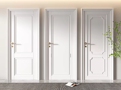 White Hinged Doors With Golden Handles Different Panel Designs And Green Plant On Gray Carpet 3d model