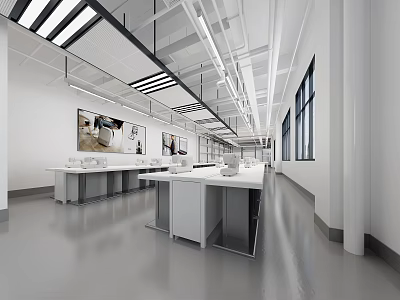 Modern Spacious Workspace Interior With Long Tables Large Windows And Ceiling Lights 3d model