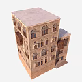 Cartoon Traditional Building Scene With Multi Story Design Arched Windows Balcony And Ornate Carvings