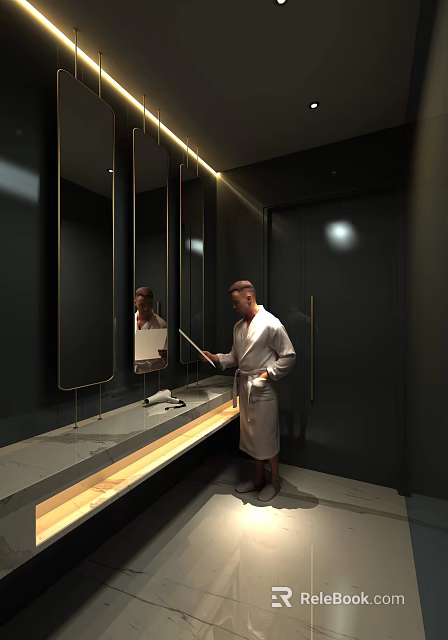 Modern Dark Toned Hotel Bathroom Interior With Large Mirror Vanity Counter And Elegant Lighting 3d model 
