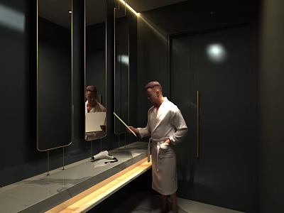 Modern Dark Toned Hotel Bathroom Interior With Large Mirror Vanity Counter And Elegant Lighting 3d model