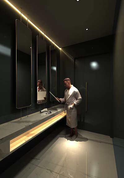 Modern Dark Toned Hotel Bathroom Interior With Large Mirror Vanity Counter And Elegant Lighting 3d model