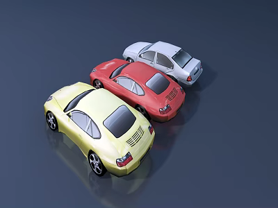 Three Sporty Cars in Yellow Red and Silver on Dark Background 3d model
