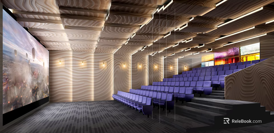 Modern Cinema Interior With Purple Seats Decorative Ceiling And Warm Lighting 3d model 