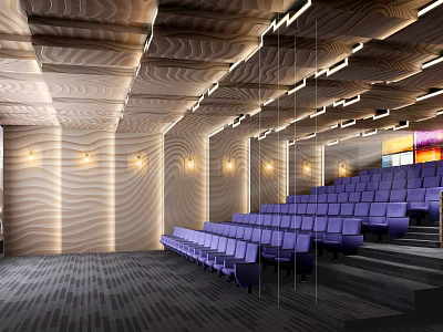 Modern Cinema Interior With Purple Seats Decorative Ceiling And Warm Lighting 3d model