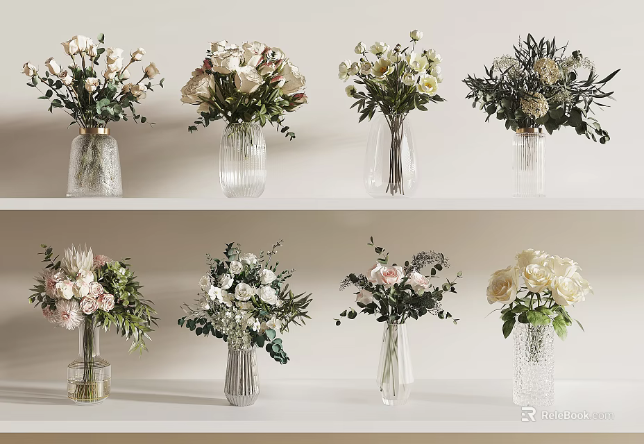 Various Glass Vases with Beautiful Floral Arrangements Featuring White Pink Flowers and Greenery 3d model 