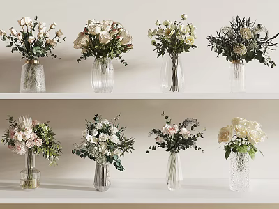 Various Glass Vases with Beautiful Floral Arrangements Featuring White Pink Flowers and Greenery 3d model