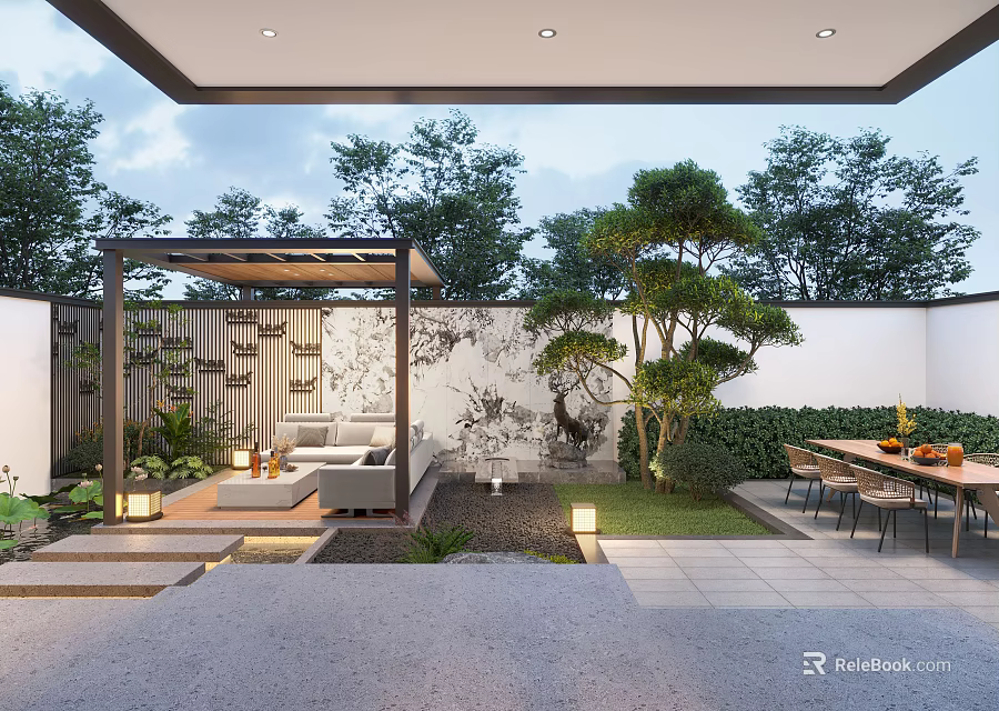 Garden Landscape Design With Pergola Seating Area Decorative Wall And Trees 3d model 