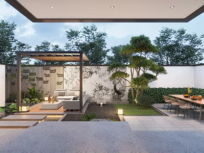 Garden Landscape Design With Pergola Seating Area Decorative Wall And Trees 3d model