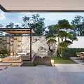 Garden Landscape Design With Pergola Seating Area Decorative Wall And Trees