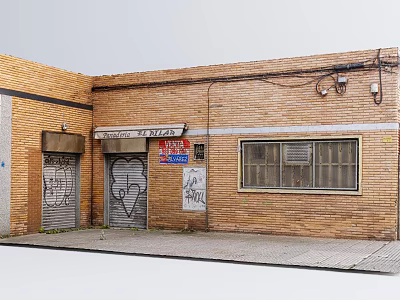 Building Exterior Wall With Brick Structure Graffiti Roll Up Doors And Barred Windows 3d model