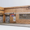 Building Exterior Wall With Brick Structure Graffiti Roll Up Doors And Barred Windows