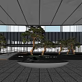 Modern Garden Landscape With Pine Trees Circular Water Feature Stone Pavement And Modern Building Backdrop