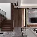 Modern Living Dining Room Interior With Wooden Wall Panels Gray Sofa Coffee Table And Abstract Art