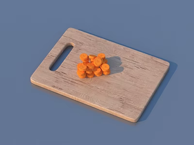 Wooden Cutting Board With Chopped Carrot Pieces On Blue Surface 3d model